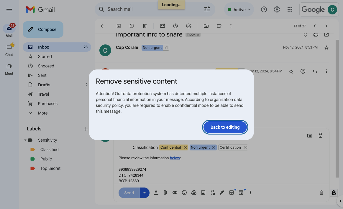Protection des données de l'espace de travail (DLP) désormais disponible pour Gmail