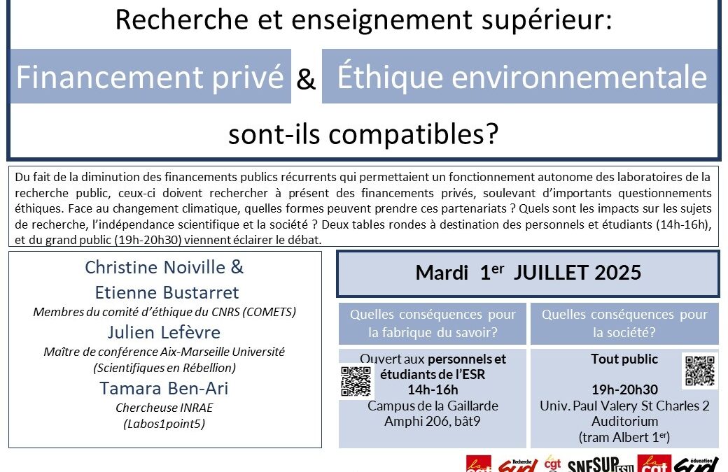 Recherche et Enseignement supérieur : Financement privé et éthique environnementale sont-ils compatibles ? Tables rondes avec Christine Noiville et Etienne Bustarret, COMETS