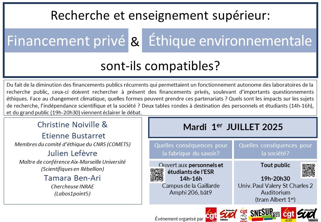 Recherche et Enseignement supérieur : Financement privé et éthique environnementale sont-ils compatibles ? Tables rondes avec Christine Noiville et Etienne Bustarret, COMETS