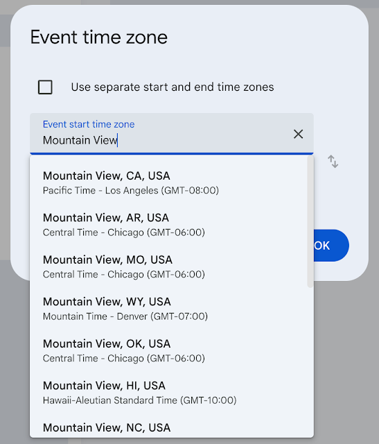 Easily find and set time zones in Google Calendar by searching for city or country