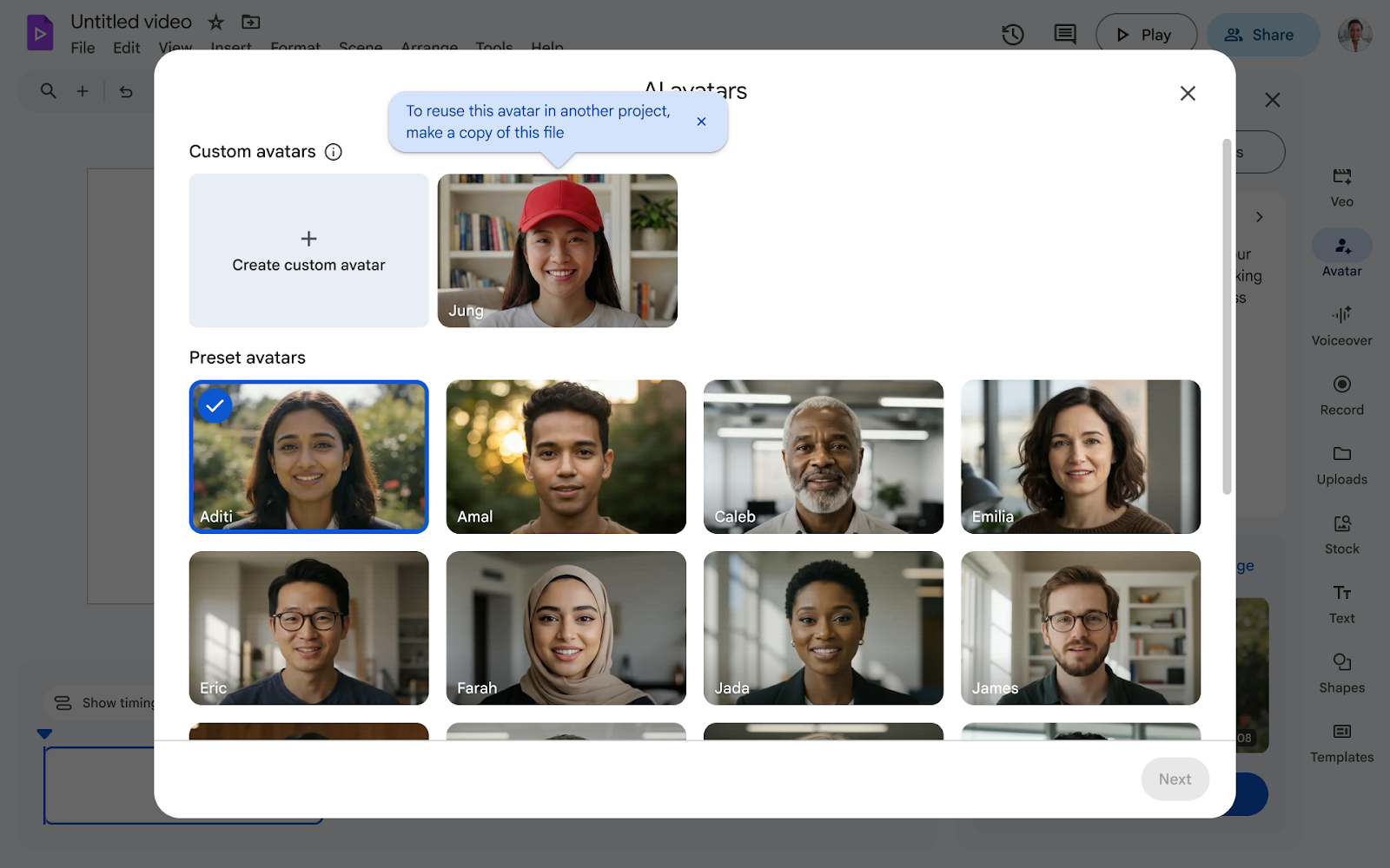 Create and refine custom avatars in Google Vids