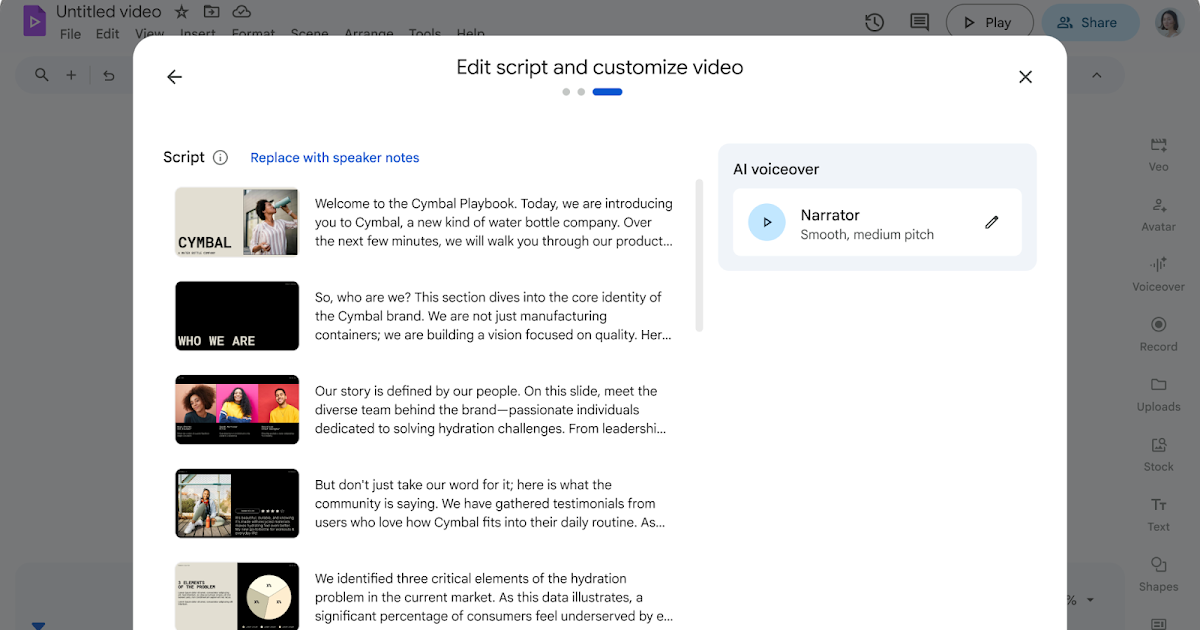 Edit your AI-generated scripts when you convert Slides to Vids