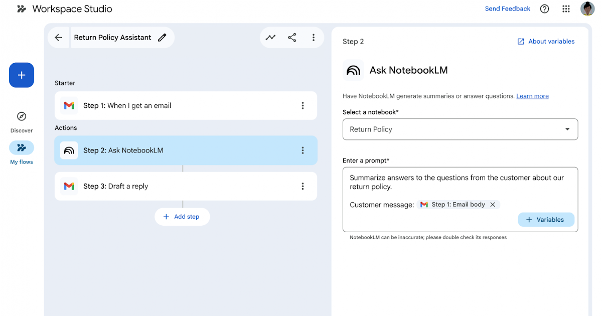Use NotebookLM in your Google Workspace Studio flows