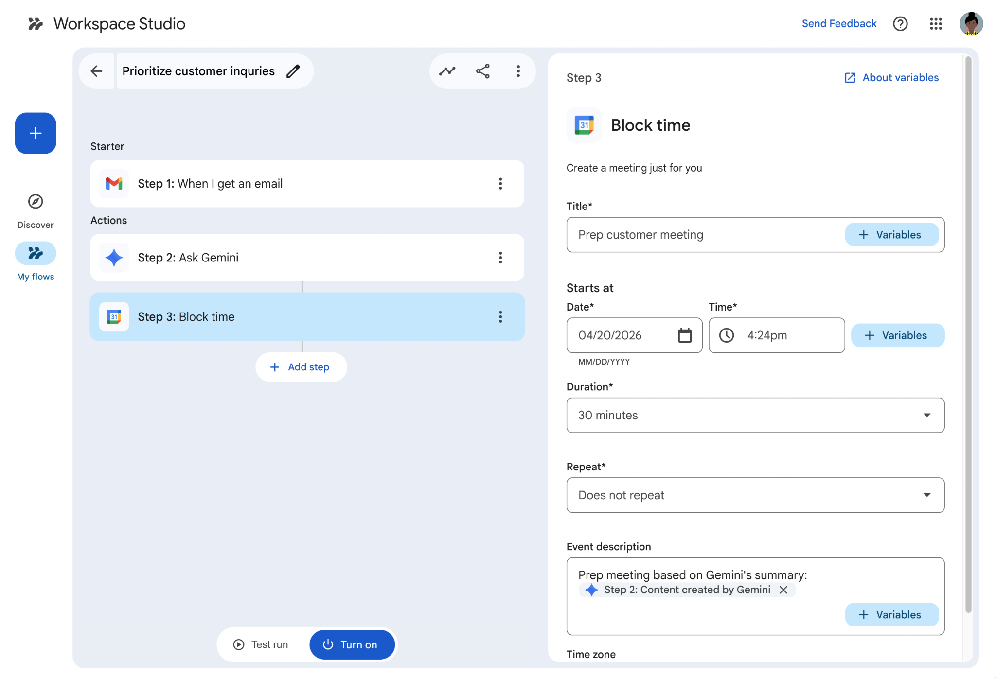 Improvements to the Meet starter step and Calendar time-blocking capabilities in Google Workspace Studio