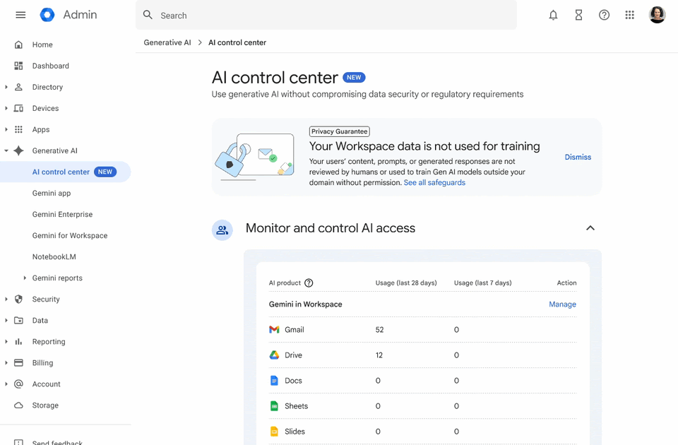 Securely manage AI and agent access to Workspace data with the AI control center