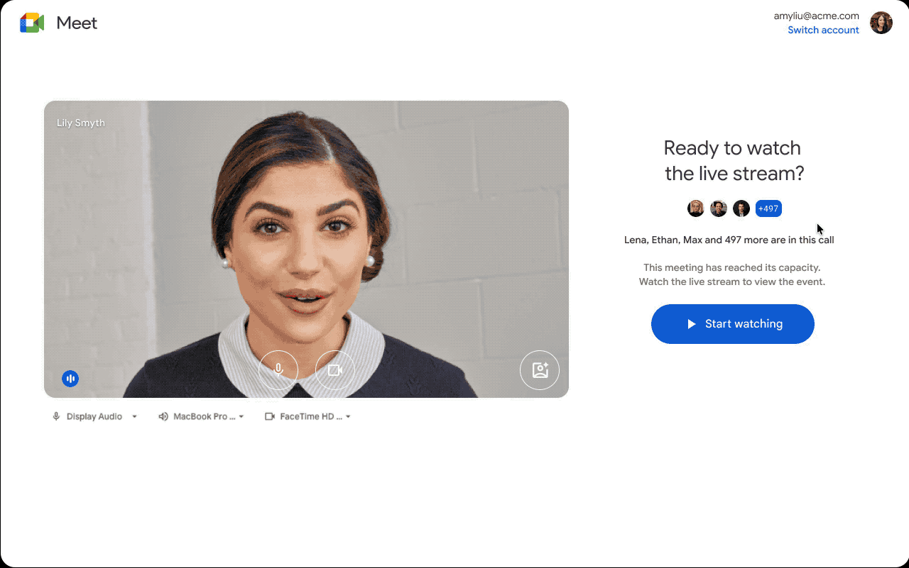 View the Google Meet live stream automatically if an adaptive meeting becomes full